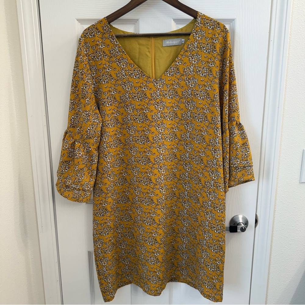 Yellow Floral V-Neck Dress with Bell Sleeves